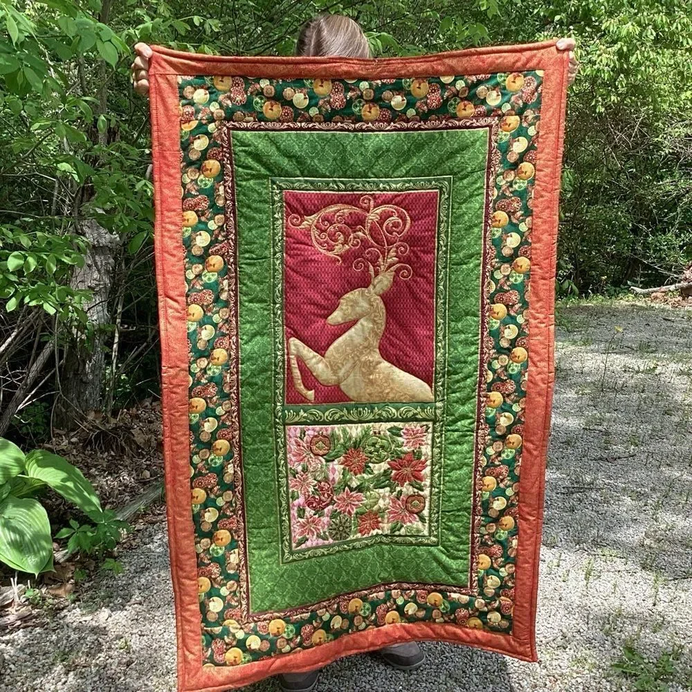 NWT. Hand Crafted Golden Reindeer Lap Quilt/Wall Hanging